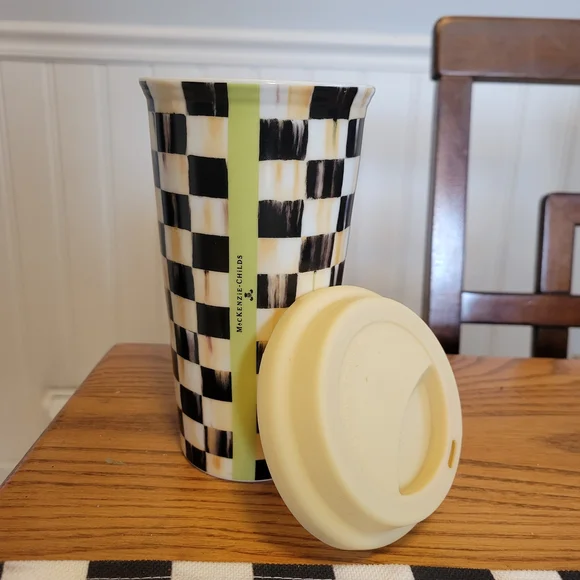 Mackenzie-Childs Checkered Travel Tumbler with Cream Lid - Picture 2 of 5